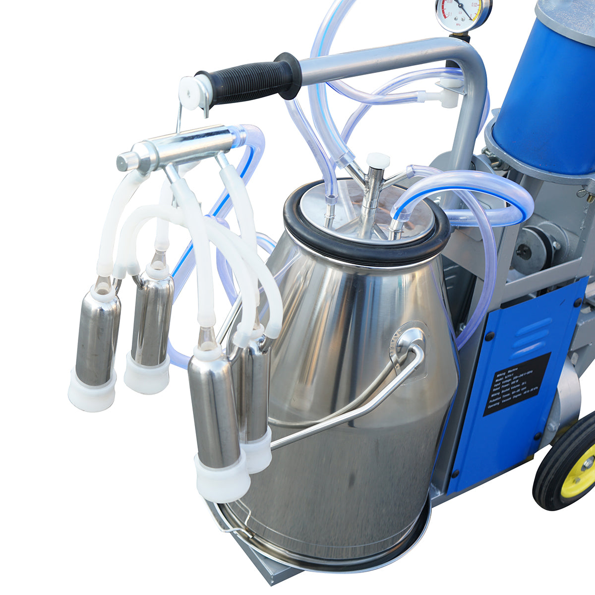 Dispositivo per mungitura di mucche, 1 postazione, 550W, 220V, bidone in acciaio inox da 25L, gruppo di mungitura con 4 manicotti, pressione del vuoto 45-50 kPa, pulsazioni 60-80 cpm - immagine 12