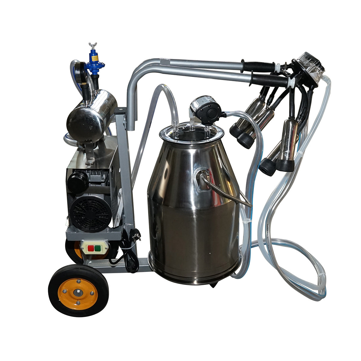 Dispositivo per mungitura di mucche, 1 postazione, 650W, bidone in acciaio inox da 25L, gruppo di mungitura con 4 manicotti, pressione del vuoto 45-50 kPa, pulsazioni 60-80 cpm - immagine 5