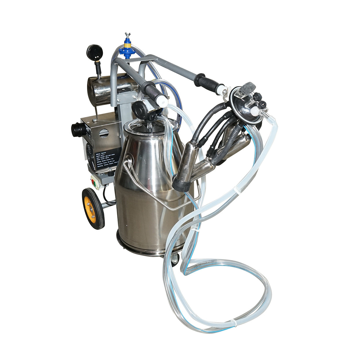 Dispositivo per mungitura di mucche, 1 postazione, 650W, bidone in acciaio inox da 25L, gruppo di mungitura con 4 manicotti, pressione del vuoto 45-50 kPa, pulsazioni 60-80 cpm - immagine 3