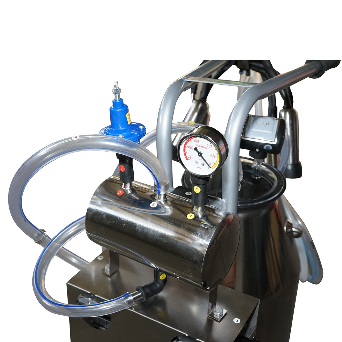 Dispositivo per mungitura di mucche, 1 postazione, 650W, bidone in acciaio inox da 25L, gruppo di mungitura con 4 manicotti, pressione del vuoto 45-50 kPa, pulsazioni 60-80 cpm - immagine 11