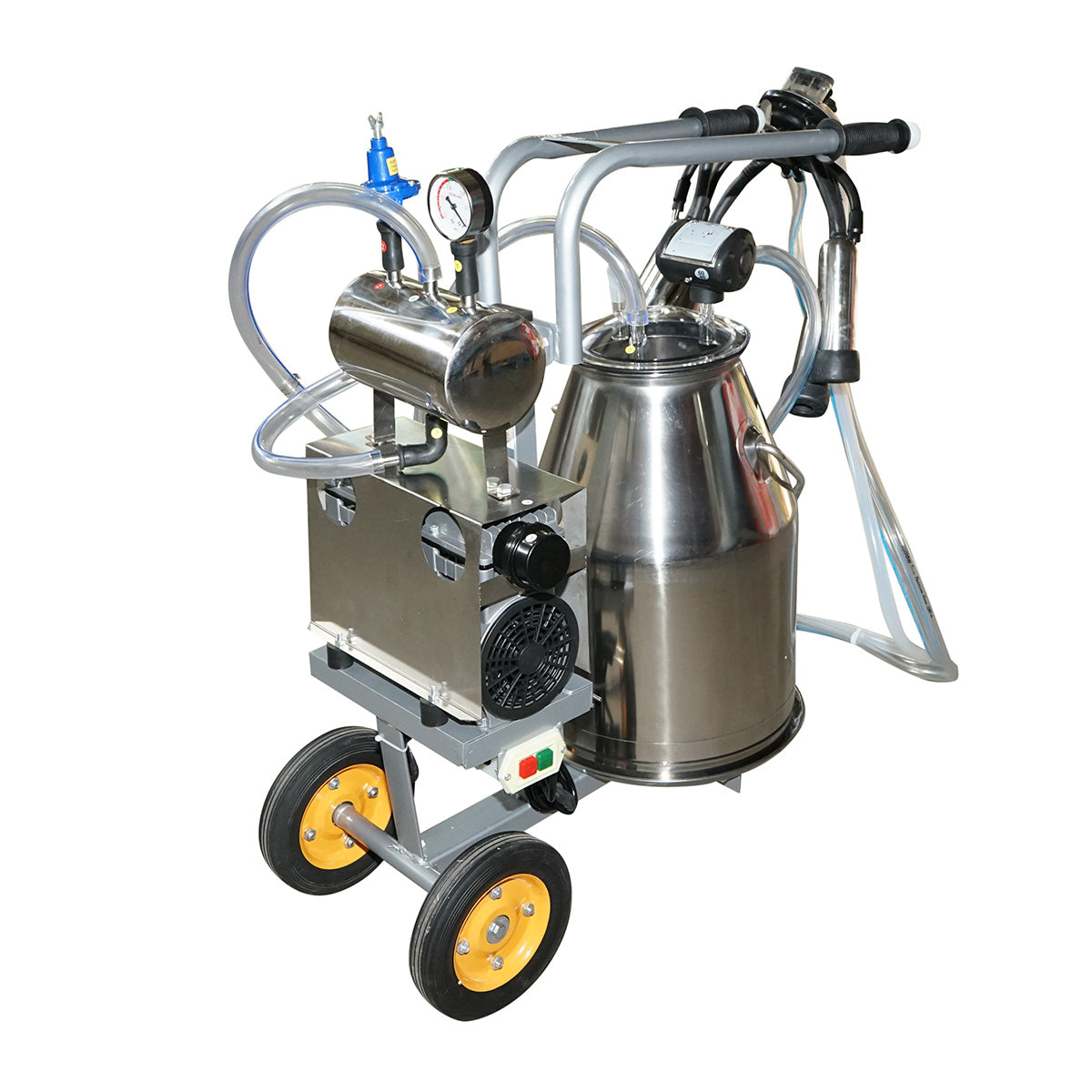 Dispositivo per mungitura di mucche, 1 postazione, 650W, bidone in acciaio inox da 25L, gruppo di mungitura con 4 manicotti, pressione del vuoto 45-50 kPa, pulsazioni 60-80 cpm - immagine 7