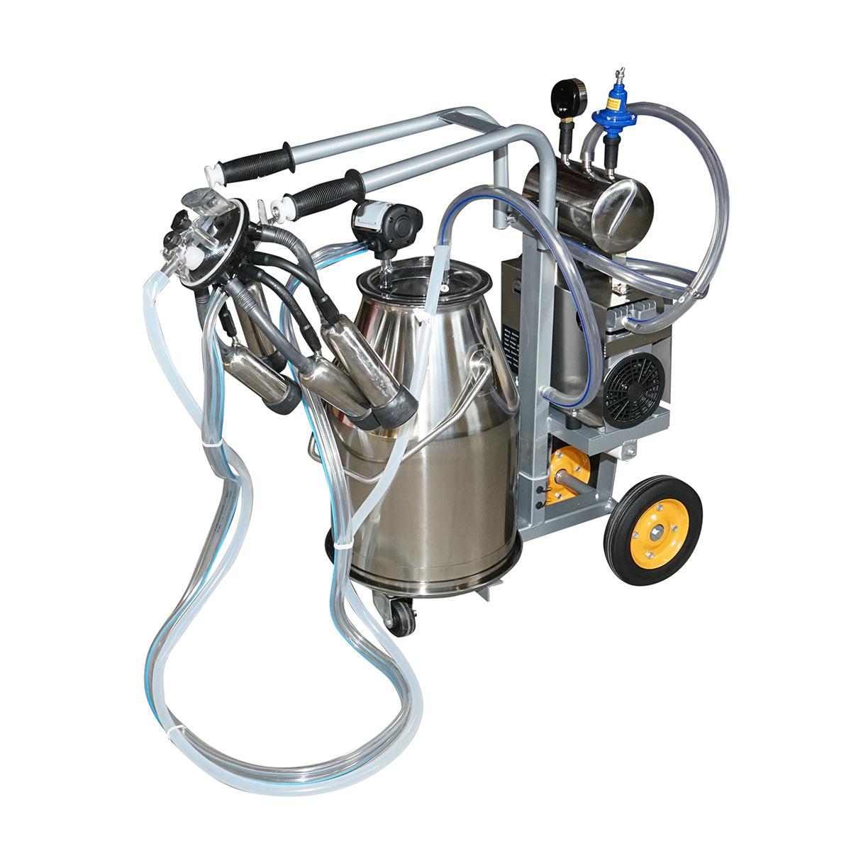 Dispositivo per mungitura di mucche, 1 postazione, 650W, bidone in acciaio inox da 25L, gruppo di mungitura con 4 manicotti, pressione del vuoto 45-50 kPa, pulsazioni 60-80 cpm