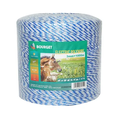 Filo bianco-blu, diametro 3 mm, 3x0.2 mm SS, 1000 m per recinzione elettrica, resistenza 7.8 Ohm, Bourget