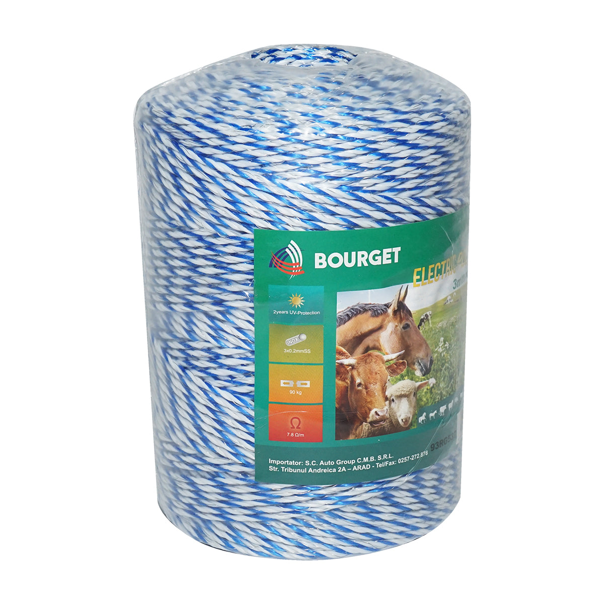 Filo bianco-blu, diametro 3 mm, 3x0.2 mm SS, 500 m per recinzione elettrica, resistenza 7.8 Ohm, Bourget - immagine 2