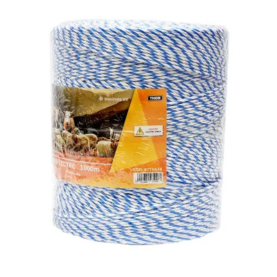 Filo bianco-blu, diametro 3 mm, inserto metallico 3x0.2 mm SS, resistenza 7.8 Ohm/m, 1000 m per recinzione elettrica, Thor - immagine 2