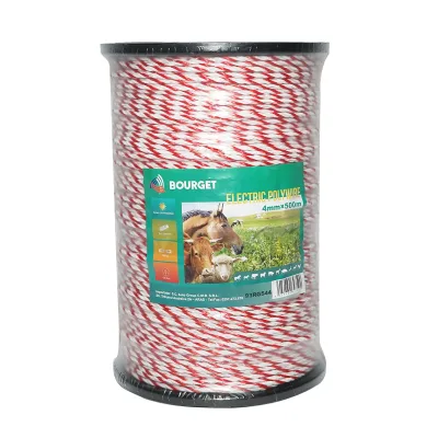 Filo bianco-rosso, diametro 4 mm, 6x0.2 mm SS, 500 m per recinzione elettrica, resistenza 4.5 Ohm, Bourget