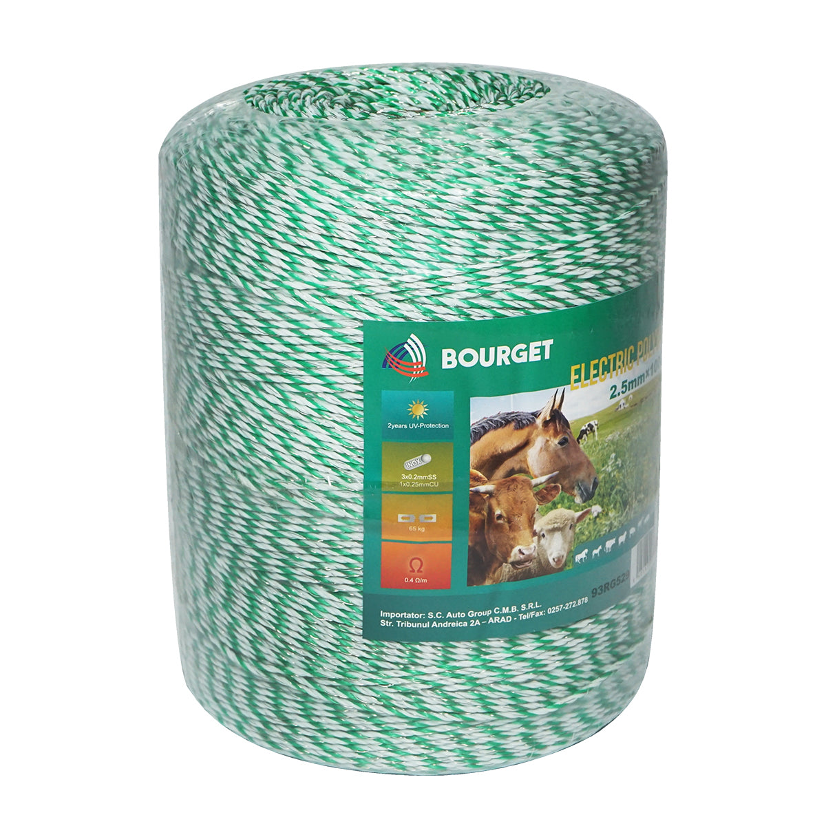 Filo verde fluorescente-bianco, diametro 2.5 mm, 3x0.2 mm SS, 1x0.25 mm Cu, 1000 m per recinzione elettrica, Bourget - immagine 2