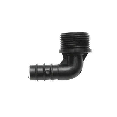 Gomito per tubo di gocciolamento con filettatura esterna D16mm x 3/4 per sistemi di irrigazione.