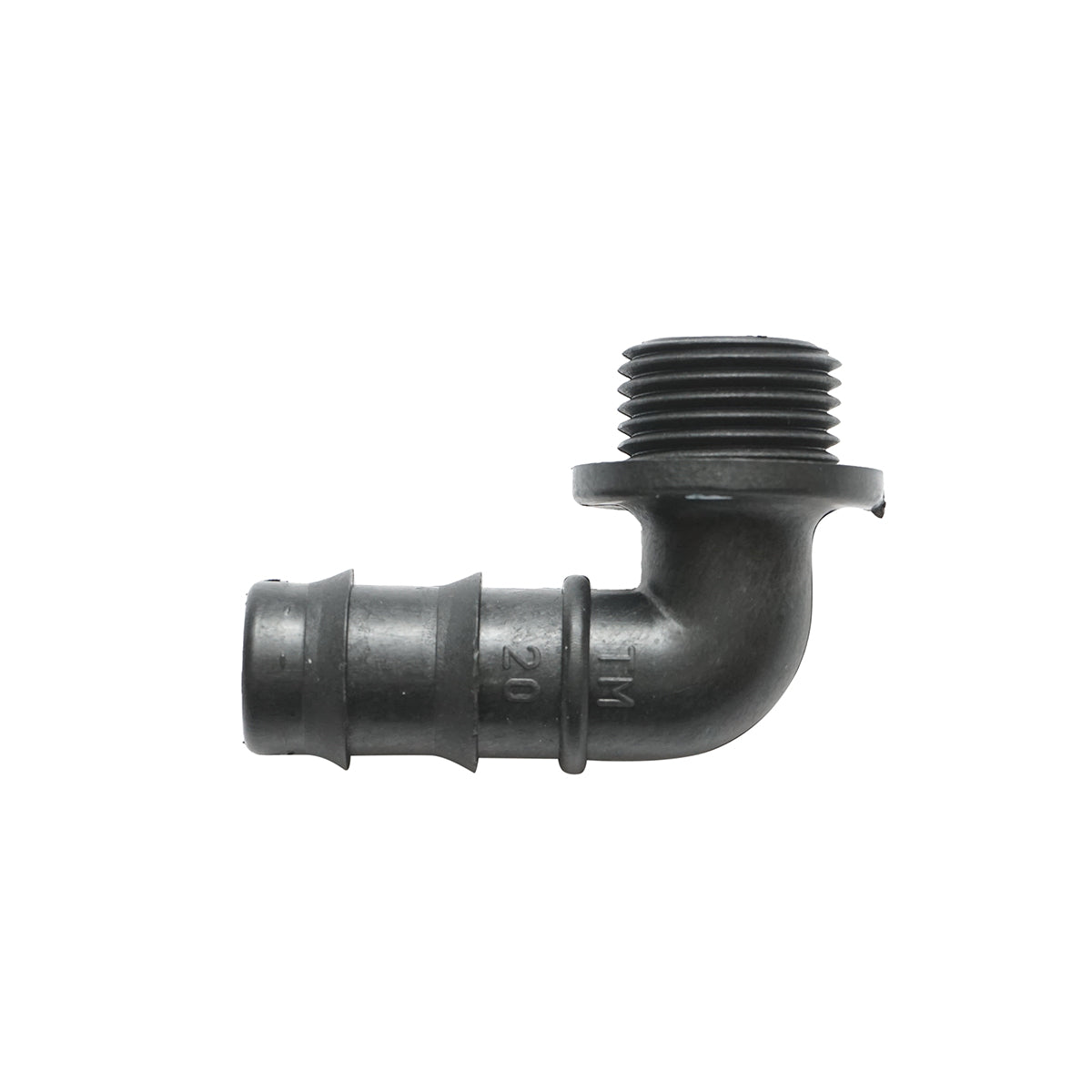Gomito per tubo di gocciolamento con filettatura esterna D20mmx1/2 per sistemi di irrigazione