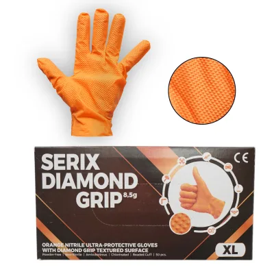 Guanti in nitrile arancione senza polvere con texture a diamante, taglia XL, 50 pezzi/scatola