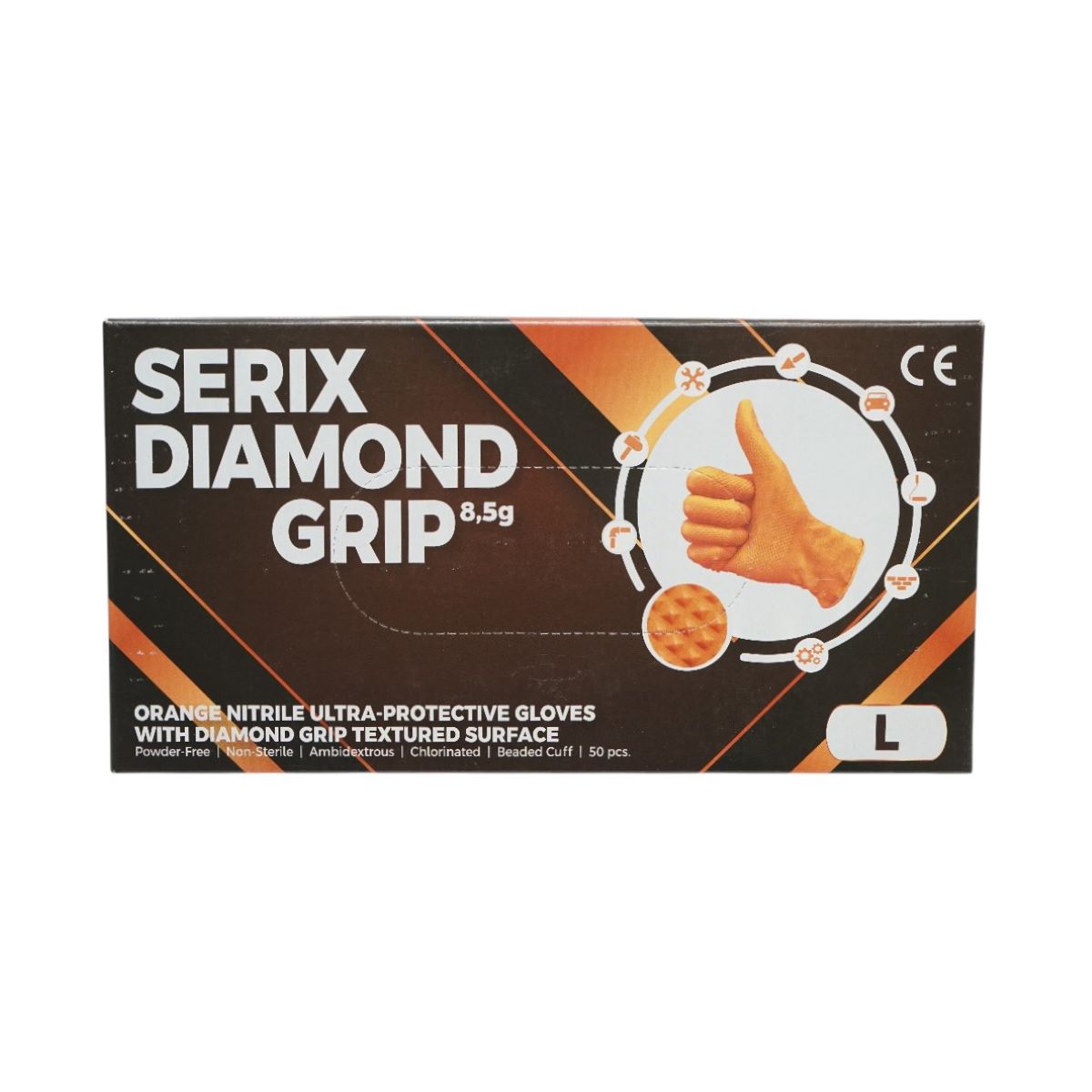 Guanti in nitrile arancioni senza polvere con texture a diamante, taglia L, 50 pezzi/scatola