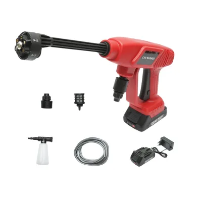 Idropulitrice portatile con 2 batterie da 20 V, 2 Ah agli ioni di litio, 180 W, 10 bar, portata 3 l/min, testina rotante a 6 funzioni, serbatoio schiuma da 400 ml.
