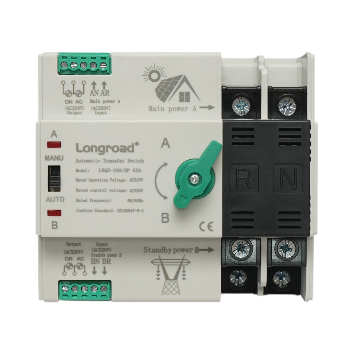 Interruttore ATS 220V monofase, separatore automatico dai pannelli fotovoltaici alla rete LRQ5-100/2P 63A Longroad