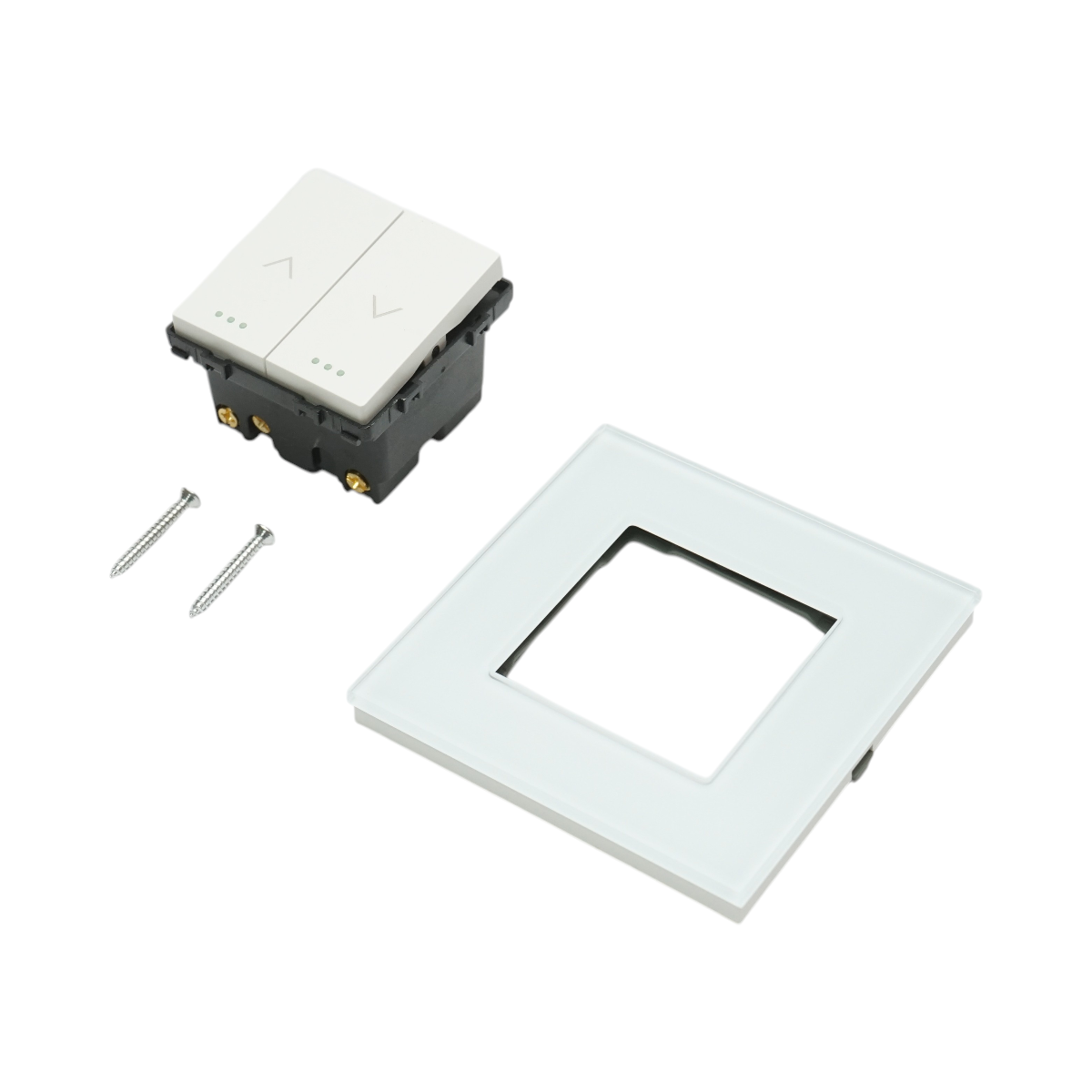 Interruttore doppio per tapparelle bianche da incasso 220V, 16AX, spia luminosa, cornice in vetro 86x86x34mm - immagine 5