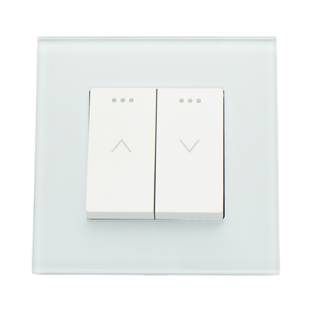 Interruttore doppio per tapparelle bianche da incasso 220V, 16AX, spia luminosa, cornice in vetro 86x86x34mm - immagine 2