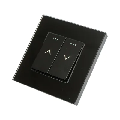 Interruttore doppio per tapparelle da incasso nero 220V, 16AX, spia luminosa, cornice in vetro 86x86x34mm