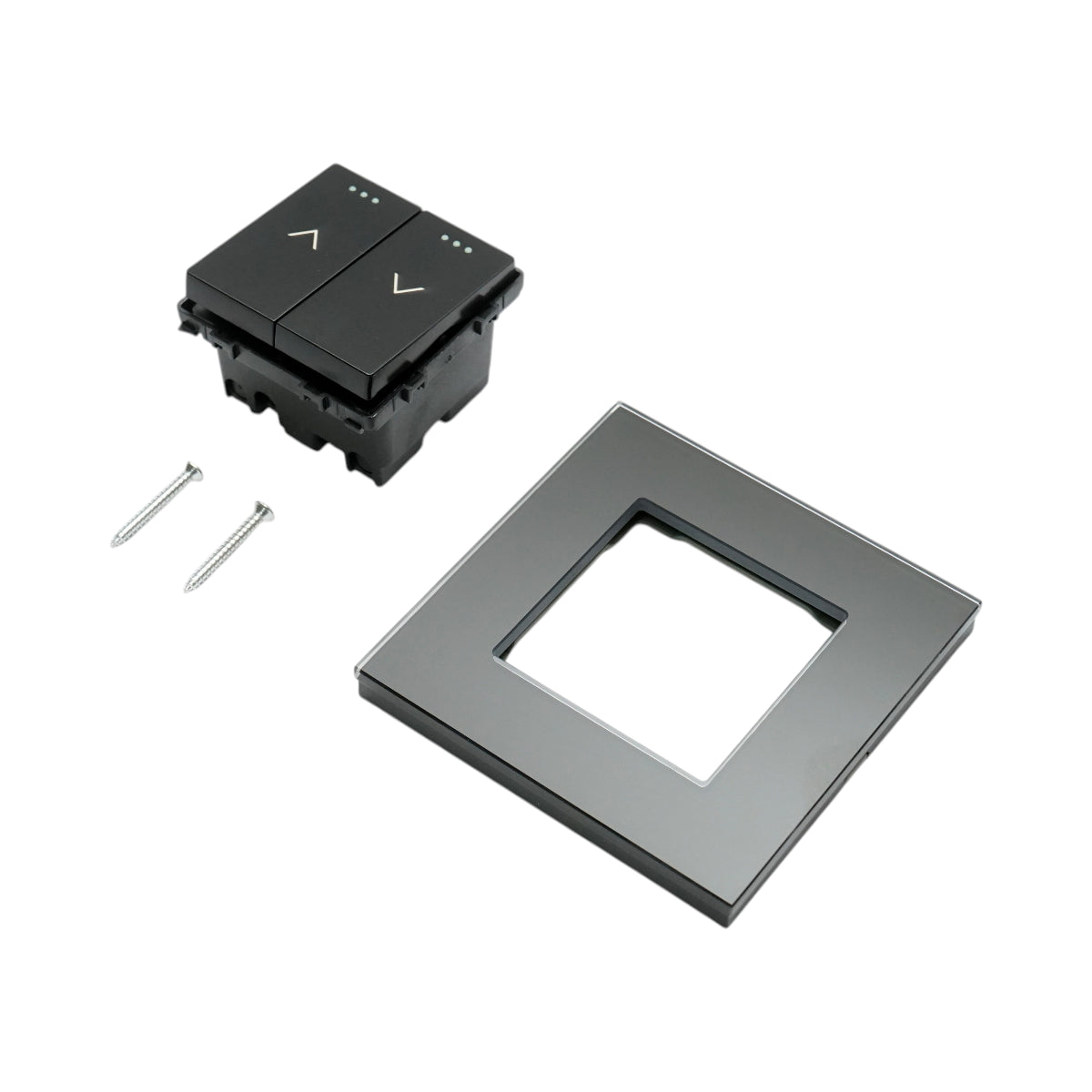 Interruttore doppio per tapparelle da incasso nero 220V, 16AX, spia luminosa, cornice in vetro 86x86x34mm - immagine 5