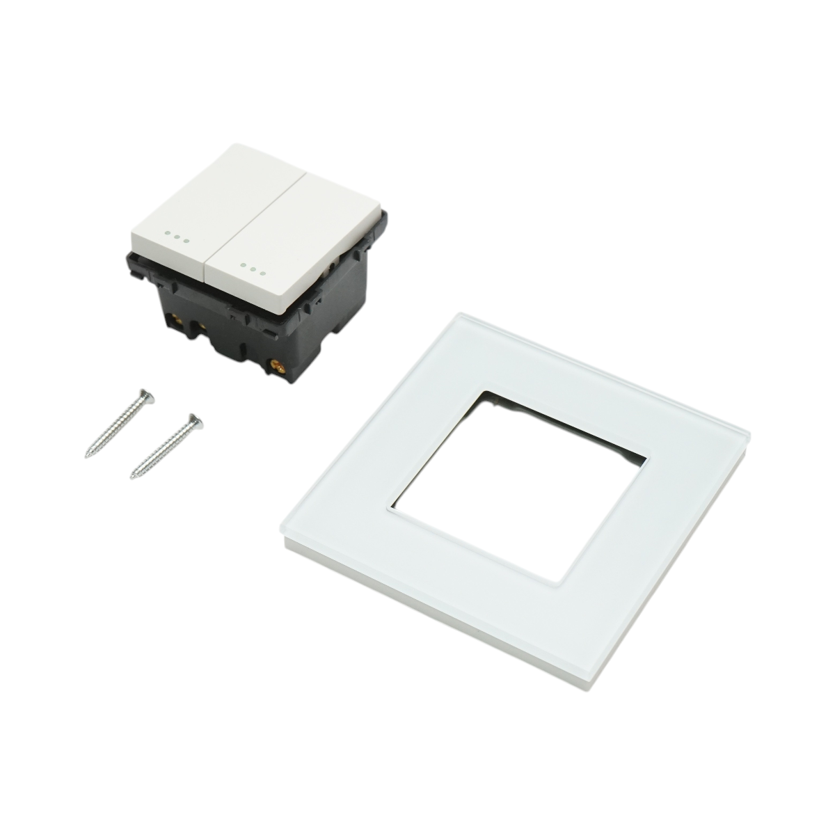Interruttore doppio, bianco, da incasso, 220V, 16AX, spia luminosa, cornice in vetro 86x86x34mm - immagine 5