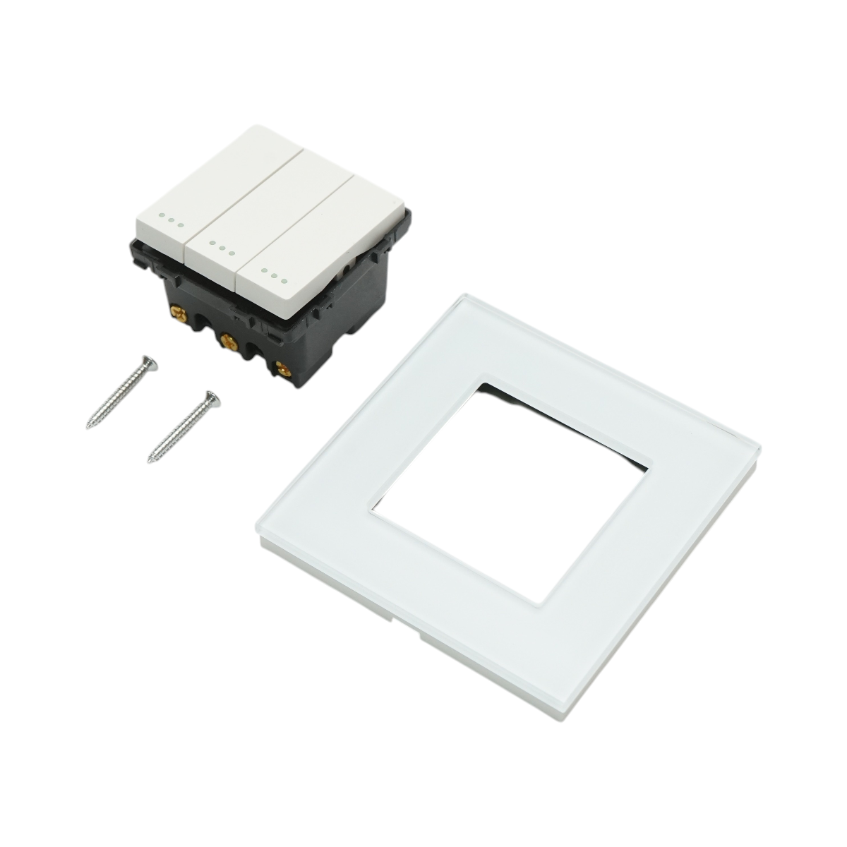Interruttore triplo, bianco, da incasso, 220V, 16AX, spia luminosa, cornice in vetro 86x86x34mm - immagine 5