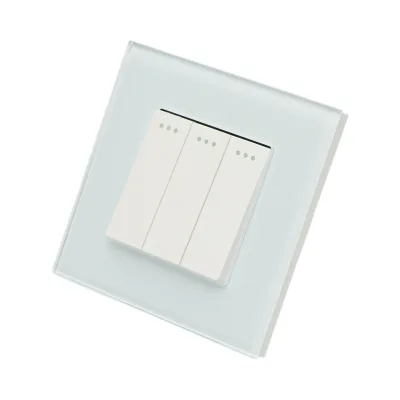 Interruttore triplo, bianco, da incasso, 220V, 16AX, spia luminosa, cornice in vetro 86x86x34mm