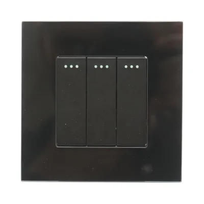 Interruttore triplo, nero, da incasso, 220V, 16AX, spia luminosa, cornice in vetro 86x86x34mm - immagine 2