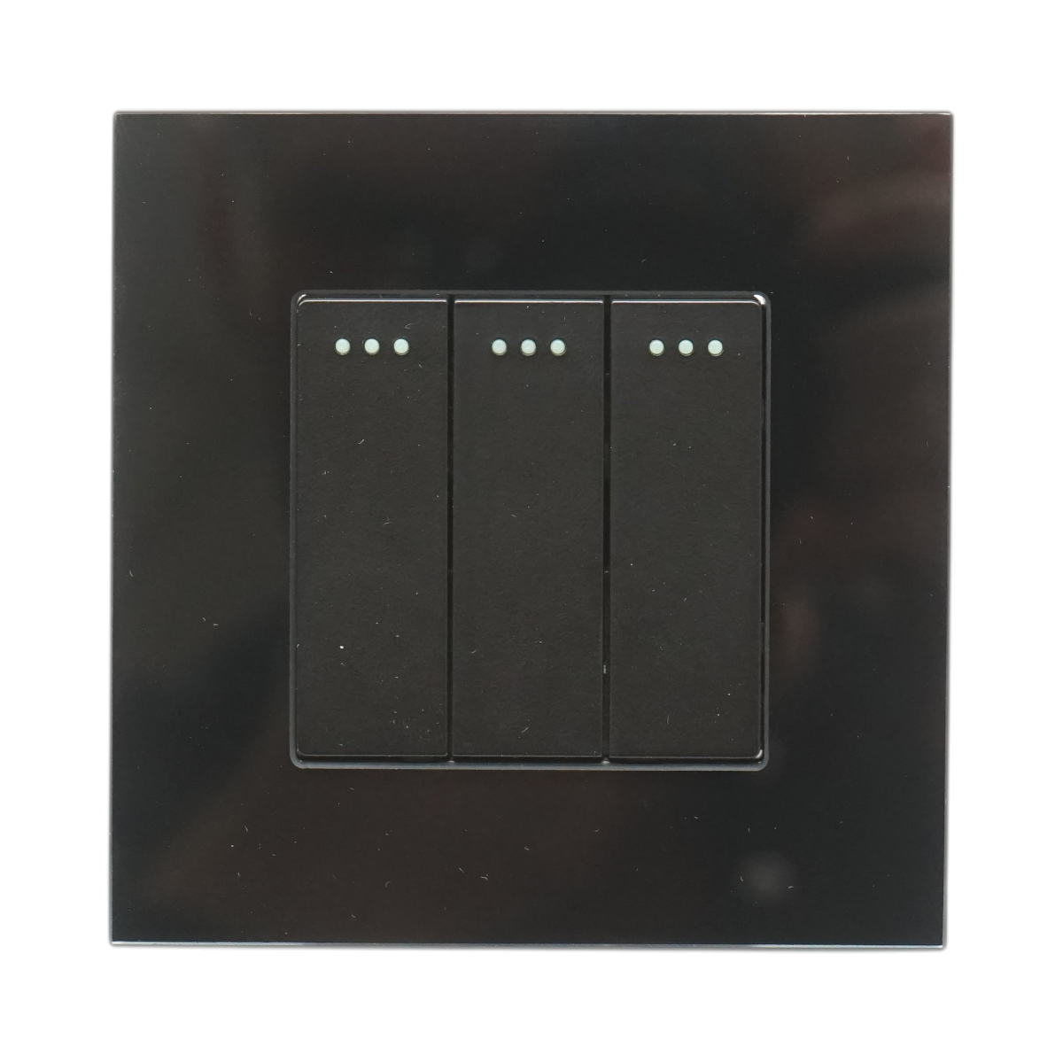 Interruttore triplo, nero, da incasso, 220V, 16AX, spia luminosa, cornice in vetro 86x86x34mm - immagine 2