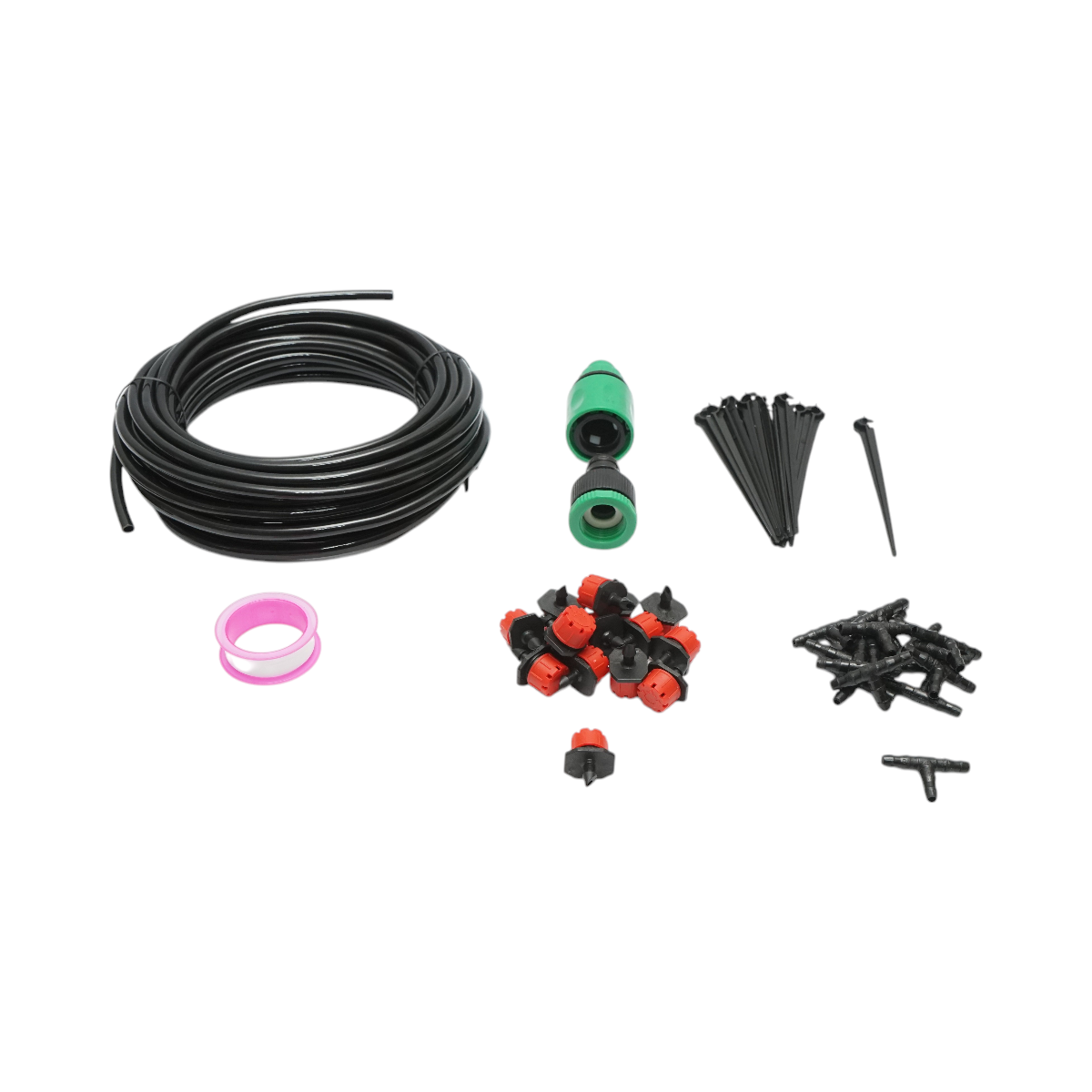 Kit completo per irrigazione a goccia con tubo da 10 m, ugelli, connettori e aste di fissaggio (49 pezzi) - immagine 2
