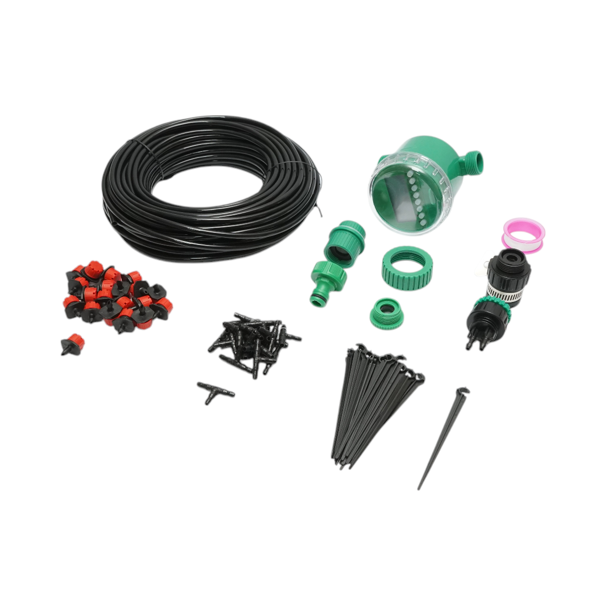 Kit completo per irrigazione a goccia con tubo da 25 m, timer, ugelli, connettori e aste di fissaggio (66 pezzi) - immagine 2