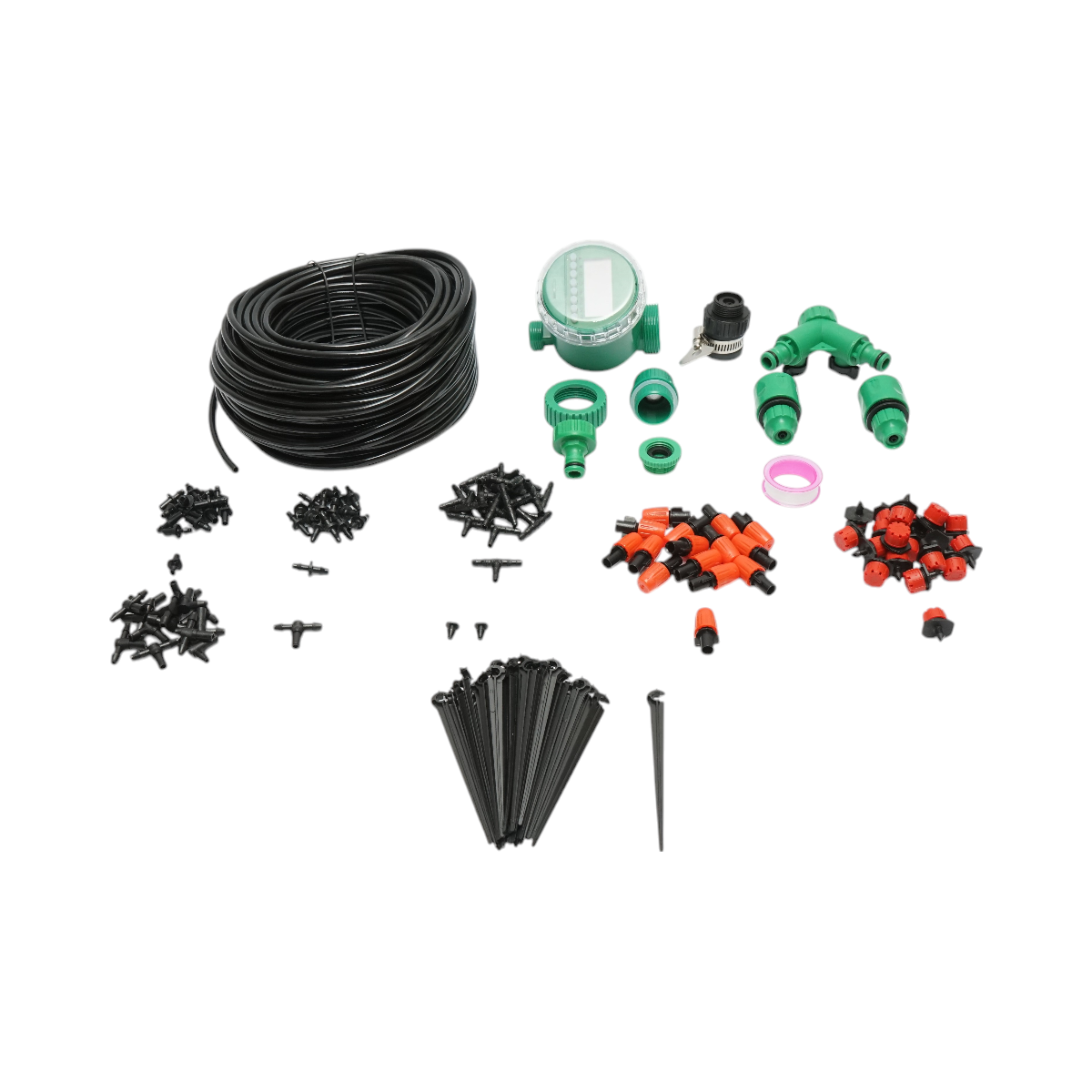 Kit completo per irrigazione a goccia e a spruzzo con tubo da 41 m, timer, ugelli, connettori e aste di fissaggio (147 pezzi) - immagine 2
