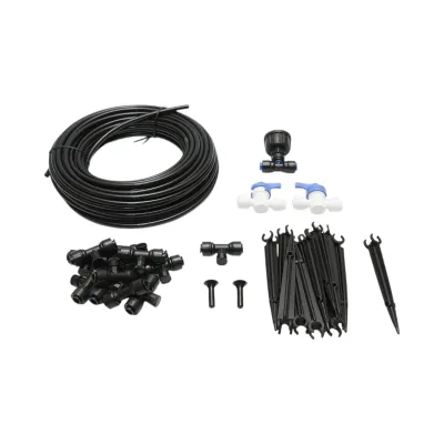 Kit completo per irrigazione a spruzzo con tubo da 15 m, ugelli, rubinetti e aste di fissaggio (30 pezzi) - immagine 2