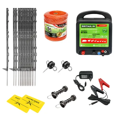 Kit completo per recinzione elettrica 12/220V, 4,5 Joule, lunghezza filo 1000m, 50 pali e targhe di segnalazione Britmann
