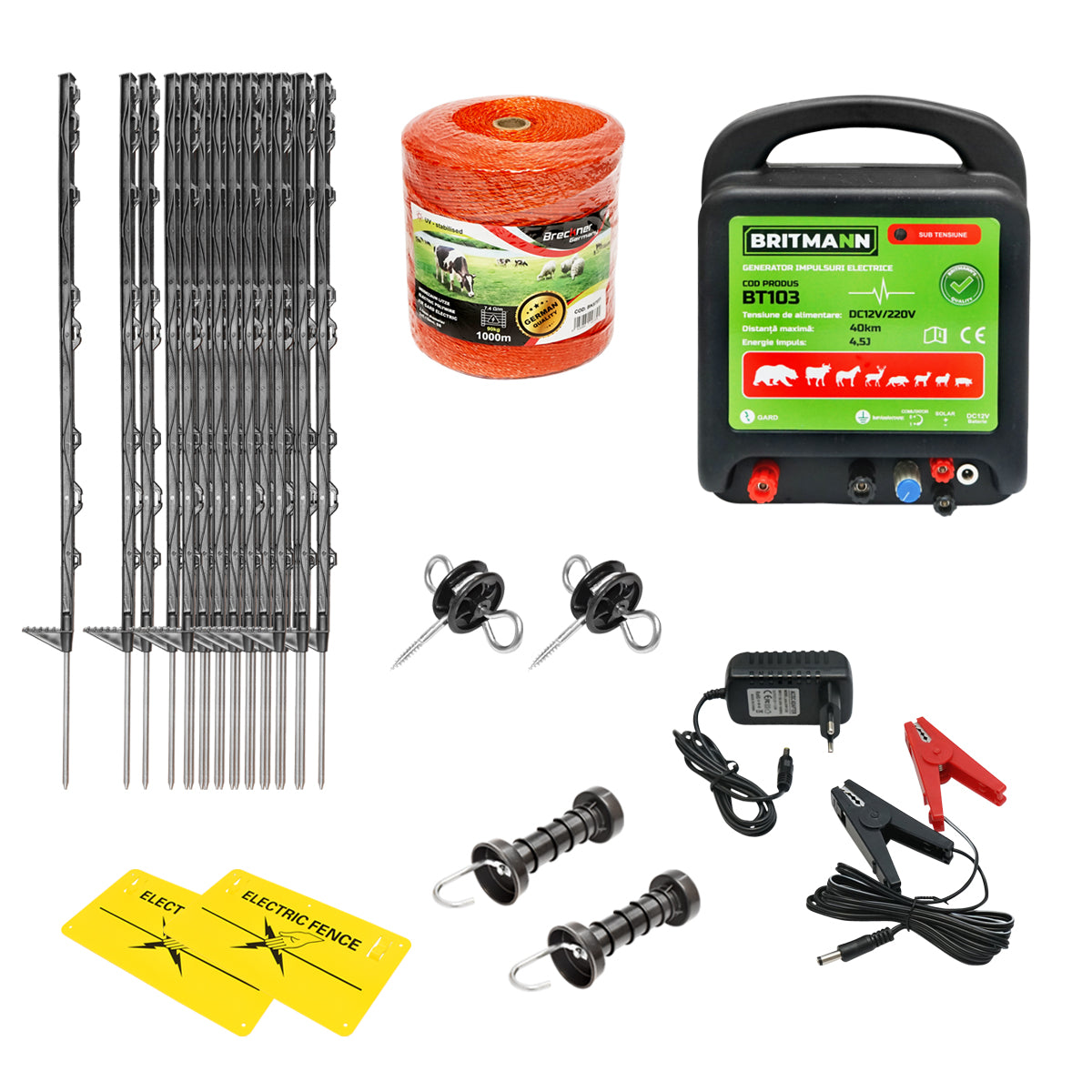 Kit completo per recinzione elettrica 12/220V, 4,5 Joule, lunghezza filo 1000m, 50 pali e targhe di segnalazione Britmann