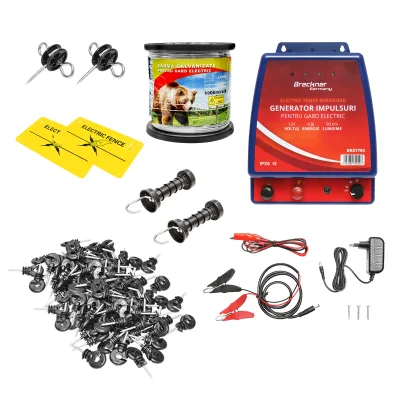 Kit completo per recinzione elettrica 12/220V, 4,8 Joule, lunghezza filo 1000m, 100 isolatori e targhe di segnalazione Breckner Germany