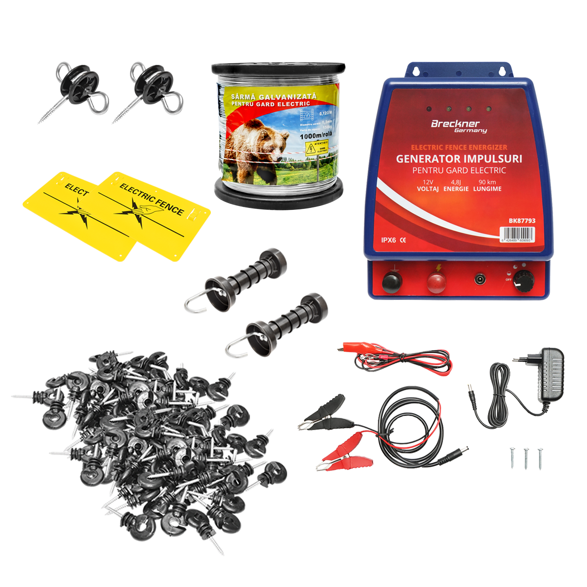 Kit completo per recinzione elettrica 12/220V, 4,8 Joule, lunghezza filo 1000m, 100 isolatori e targhe di segnalazione Breckner Germany