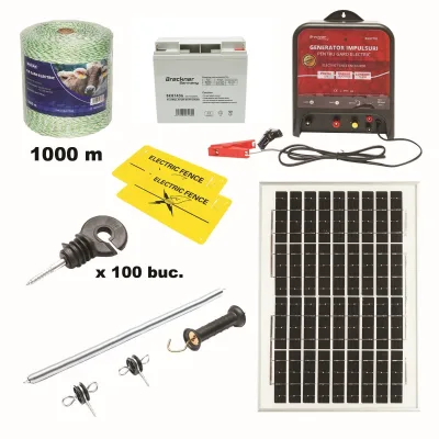 Kit completo per recinzione elettrica 12V, 4 Joule con pannello solare 20W, lunghezza filo 1000m, 100 isolatori, maniglia, cancello e 2 cartelli di segnalazione Breckner Germany