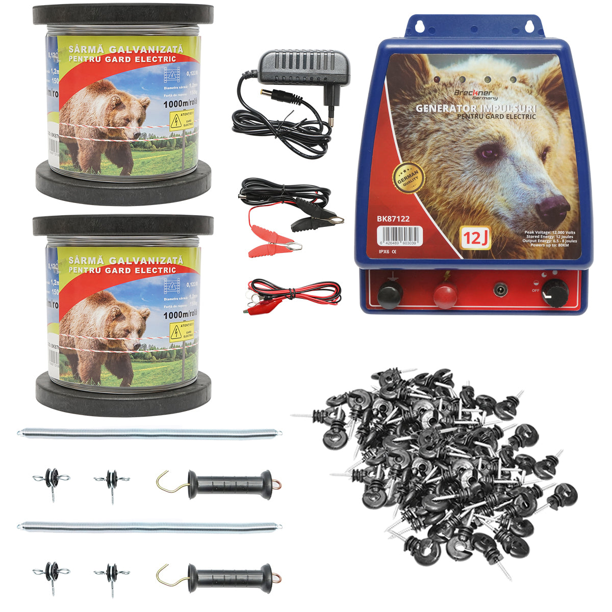 Kit completo per recinzione elettrica 12V-220V, 12 Joule, lunghezza filo 2000m, 200 isolatori, kit cancello Breckner Germany