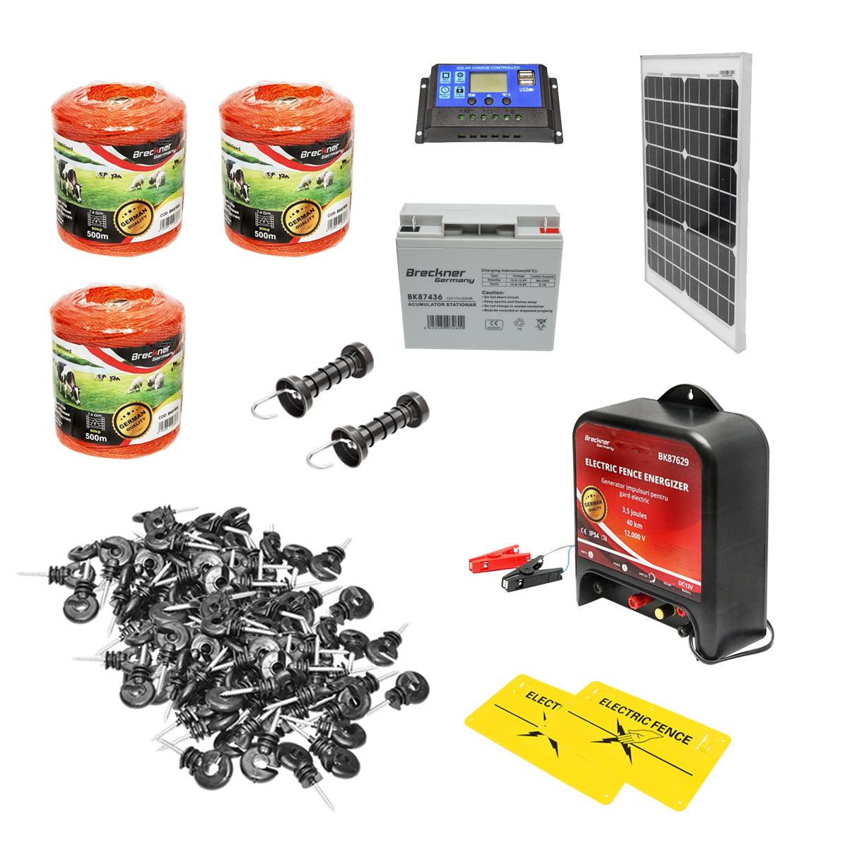 kit completo recinzione elettrica 12V 3.5 Joule 40 km, lunghezza del filo 1500m, pannello solare 20W, batteria 12V/17Ah, 200 isolatori e maniglia porta Breckner Germany.