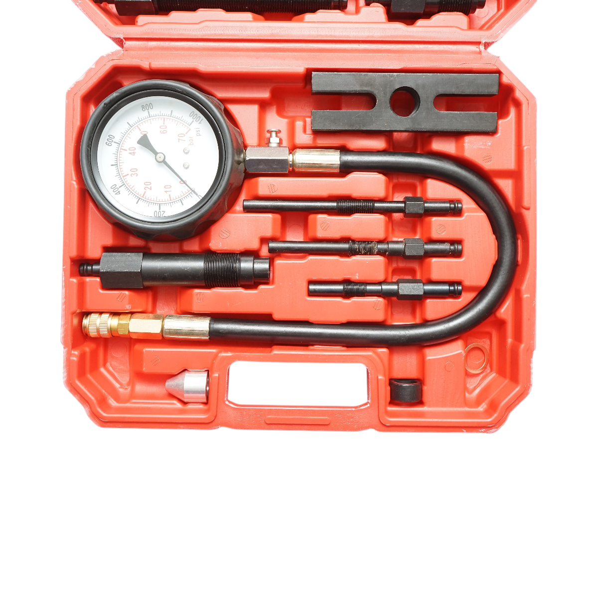 Kit di prova di compressione per motori diesel con manometro meccanico 0-70 bar 19 pezzi - immagine 3