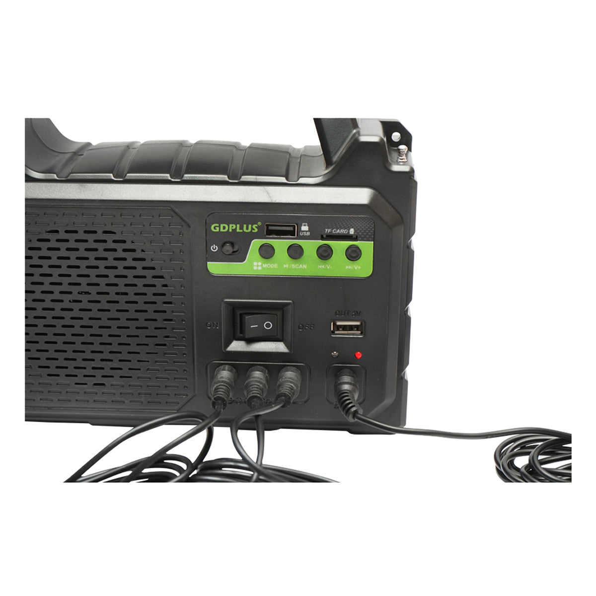 Kit illuminazione LED portatile con 3 lampadine/proiettore, radio FM, MP3, pannello solare e batteria da 3,7 V, 4500 mAh per la pesca in campeggio GD-P30FM - immagine 4