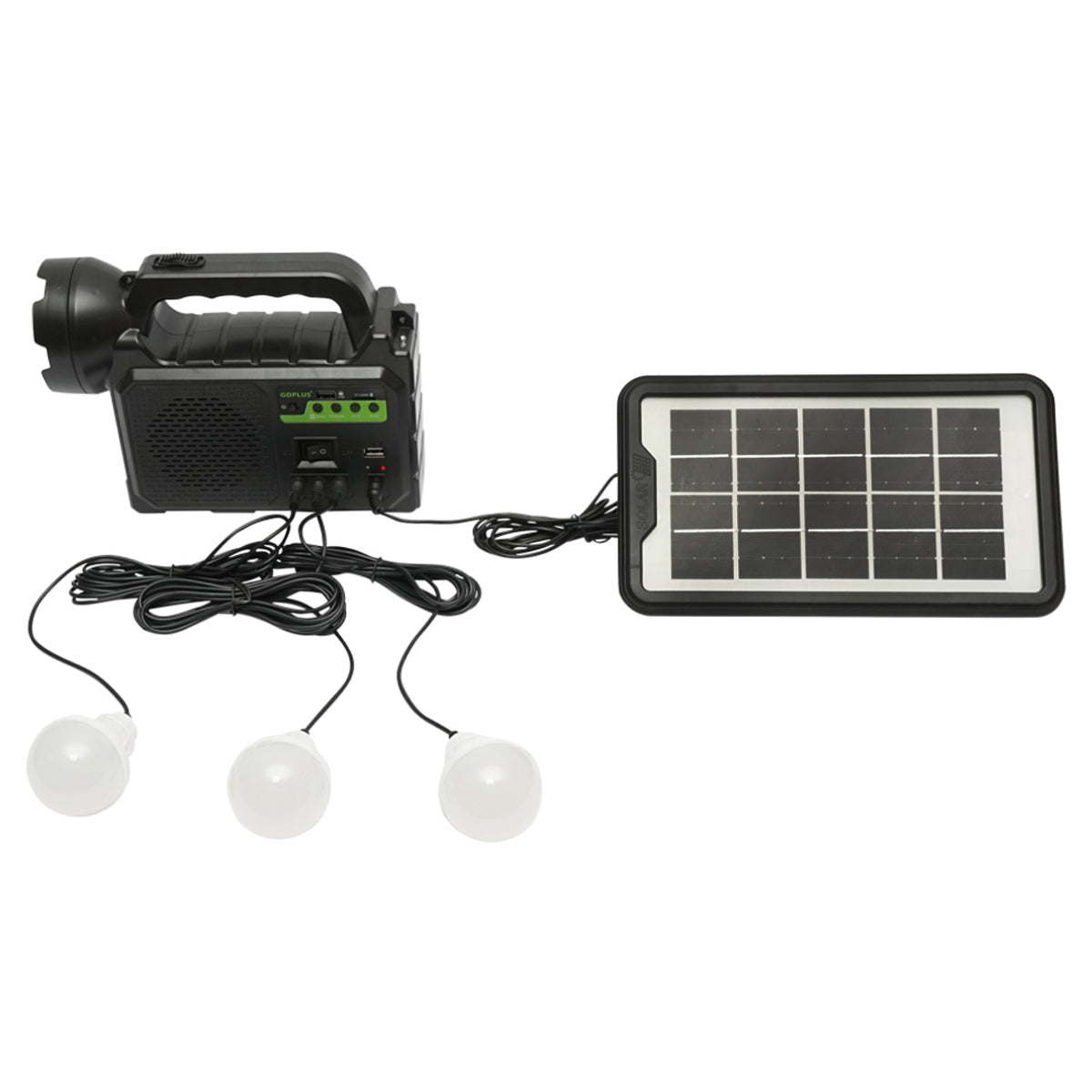 Kit illuminazione LED portatile con 3 lampadine/proiettore, radio FM, MP3, pannello solare e batteria da 3,7 V, 4500 mAh per la pesca in campeggio GD-P30FM
