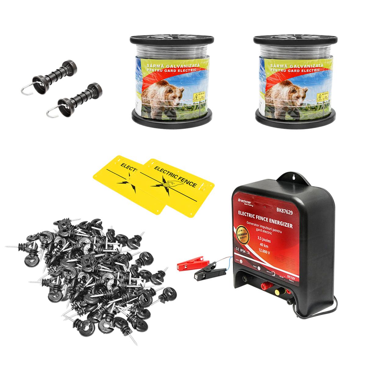 Kit Recinto Elettrico Elettrificatore 12V, 3,5 Joule 40km, Filo metallico zincato 1000 MT, 200 isolatori, set maniglia, recinzioni elettriche