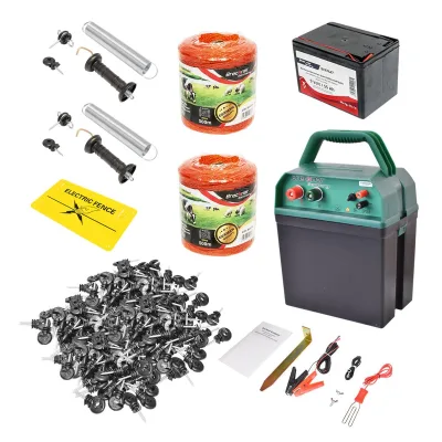 Kit Recinto Elettrico Elettrificatore 9/12V, 021 Joule, Filo 1000 MT, 100 isolatori, maniglie porta e molla tensione, batteria a secco 9V/55Ah, recinzioni elettriche Breckner Germnany