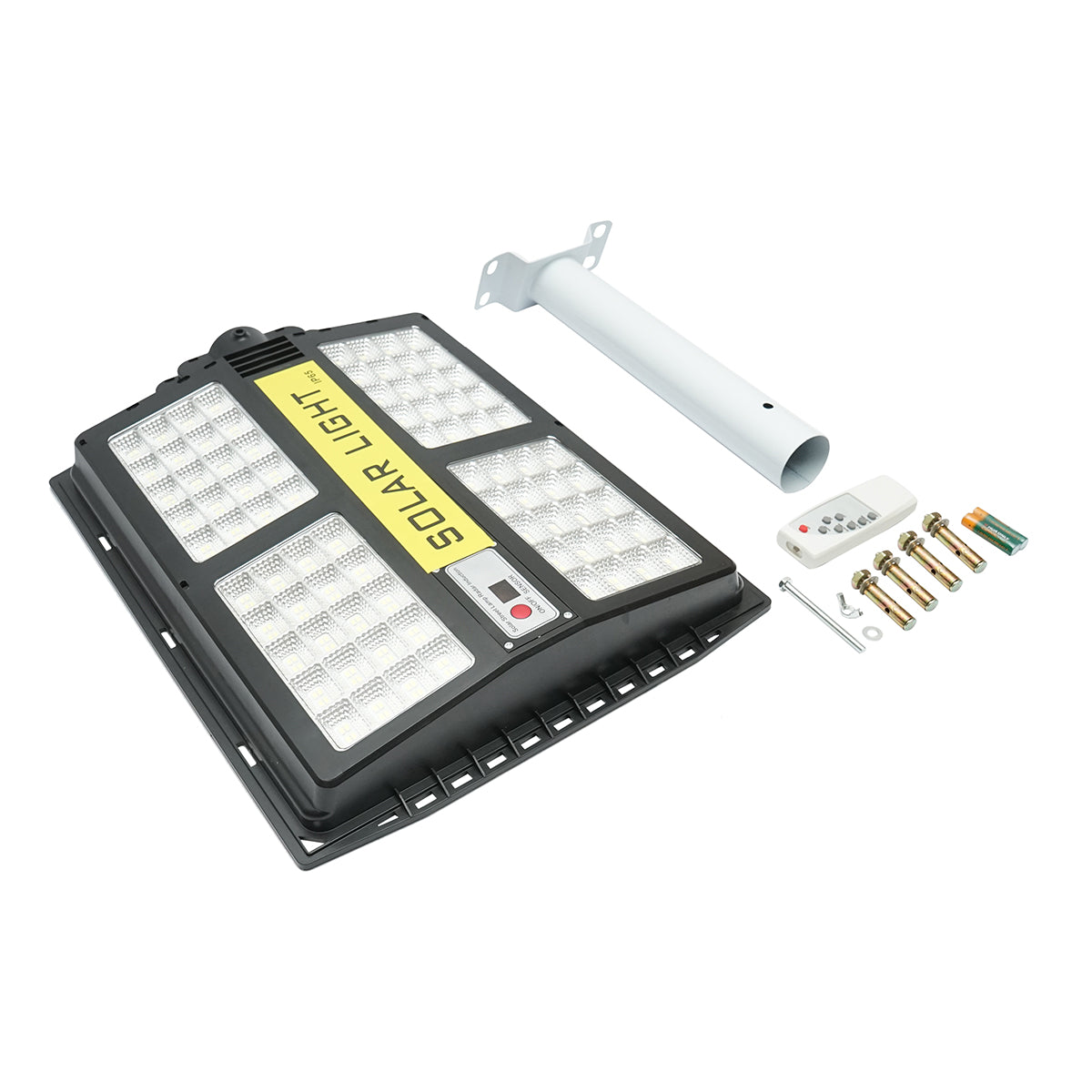 Lampada solare illuminazione stradale LED 200W 6500K con pannello solare 15W, batteria 15000mAh, telecomando, montaggio su palo IP65 - immagine 3