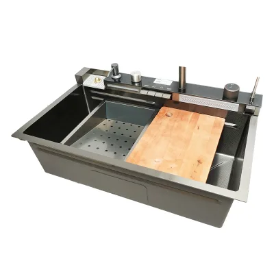 Lavello da cucina multifunzionale in acciaio inox con 2 rubinetti, display digitale della temperatura, funzione cascata, dispenser di sapone, lavapentole, scolapiatti, vassoio, tagliere e accessori di scarico inclusi, dimensioni 75×46×23,5 cm. - immagine 6