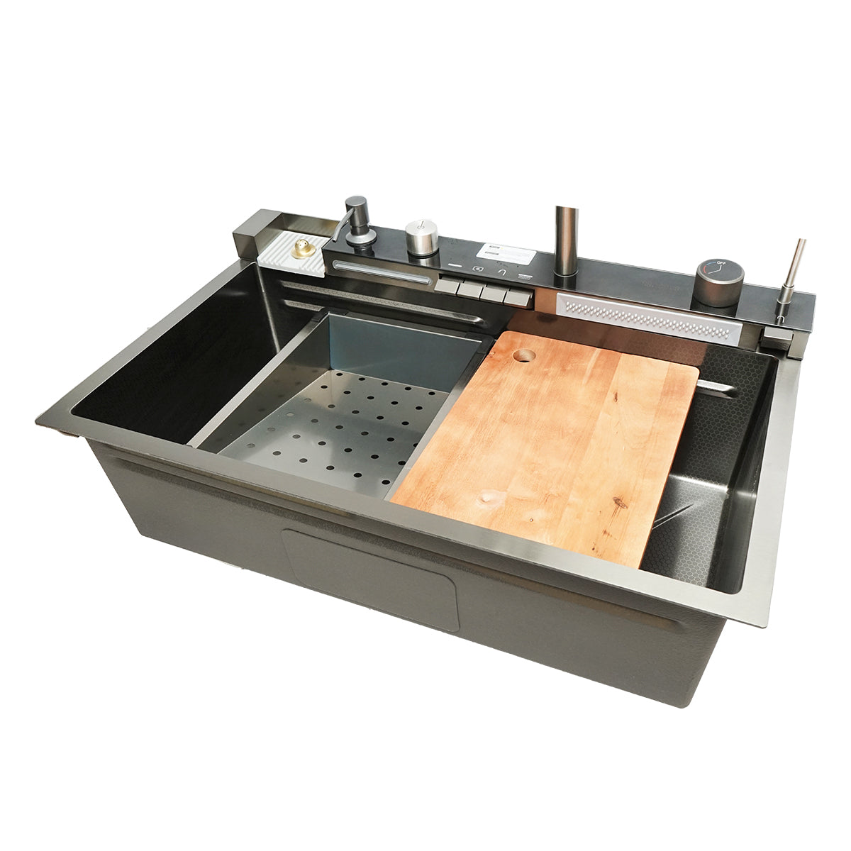 Lavello da cucina multifunzionale in acciaio inox con 2 rubinetti, display digitale della temperatura, funzione cascata, dispenser di sapone, lavapentole, scolapiatti, vassoio, tagliere e accessori di scarico inclusi, dimensioni 75×46×23,5 cm. - immagine 6