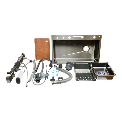 Lavello da cucina multifunzionale in acciaio inox con 2 rubinetti, display digitale della temperatura, funzione cascata, dispenser di sapone, lavapentole, scolapiatti, vassoio, tagliere e accessori di scarico inclusi, dimensioni 75×46×23,5 cm. - immagine 3