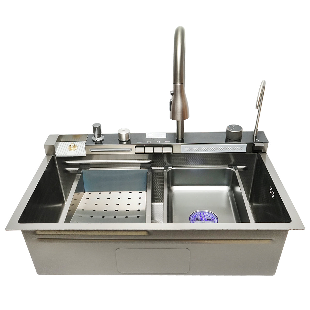 Lavello da cucina multifunzionale in acciaio inox con 2 rubinetti, display digitale della temperatura, funzione cascata, dispenser di sapone, lavapentole, scolapiatti, vassoio, tagliere e accessori di scarico inclusi, dimensioni 75×46×23,5 cm.
