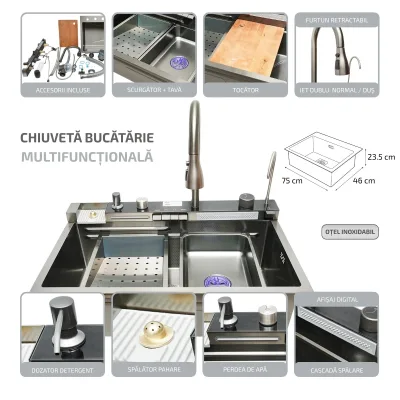 Lavello da cucina multifunzionale in acciaio inox con 2 rubinetti, display digitale della temperatura, funzione cascata, dispenser di sapone, lavapentole, scolapiatti, vassoio, tagliere e accessori di scarico inclusi, dimensioni 75×46×23,5 cm. - immagine 2