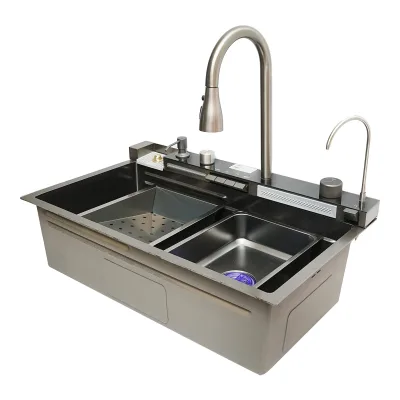 Lavello da cucina multifunzionale in acciaio inox con 2 rubinetti, display digitale della temperatura, funzione cascata, dispenser di sapone, lavapentole, scolapiatti, vassoio, tagliere e accessori di scarico inclusi, dimensioni 75×46×23,5 cm. - immagine 4