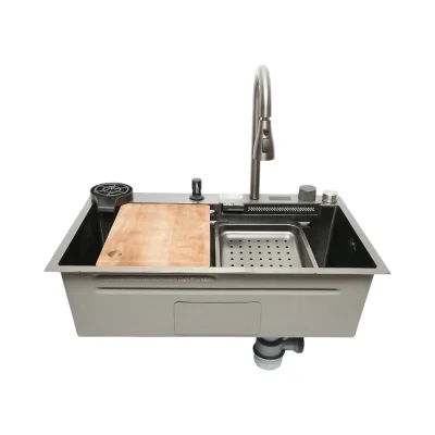 Lavello da cucina multifunzionale in acciaio inox con display digitale della temperatura, funzione cascata, lavapentole, dispenser di sapone, scolapiatti, vassoio, tagliere e accessori inclusi, dimensioni 75×46×23,5 cm. - immagine 3